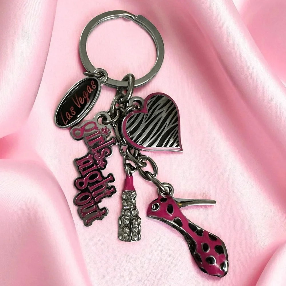 Las Vegas Girls Night Out key chain Silver tone Heart/Heel/Lipstick